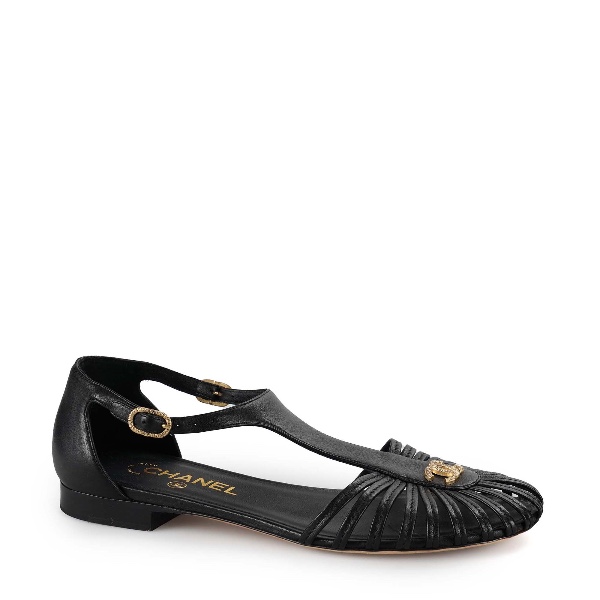 Chanel - Black Leather Ballerina Cc Flats Sandals 